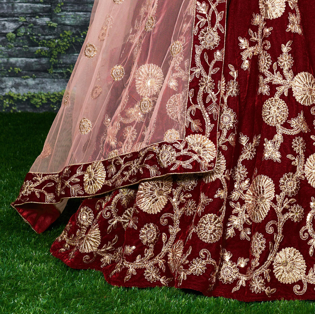 Maroon Color Silk Velvet With Dori, Badla & Sequins Embroidered Work Lehenga Choli
