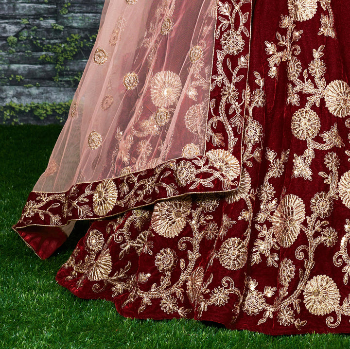 Maroon Color Silk Velvet With Dori, Badla & Sequins Embroidered Work Lehenga Choli