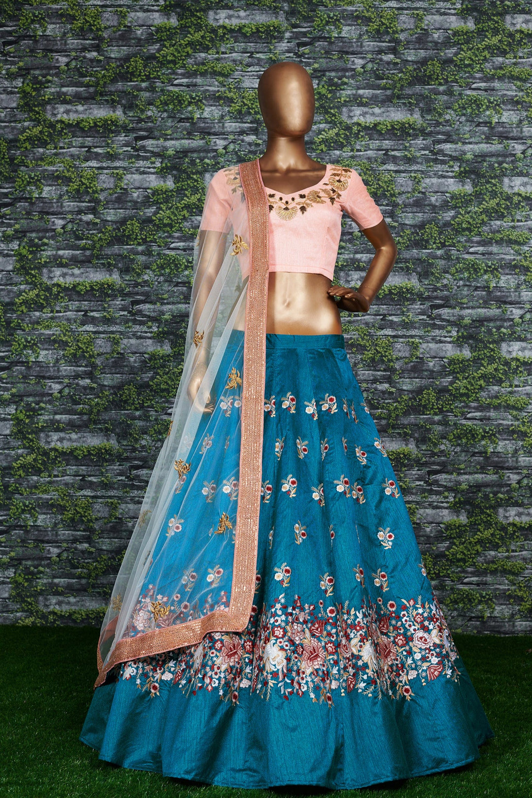 Rama Color Raw Silk With Resham Thread Embroidery Work Lehenga Choli