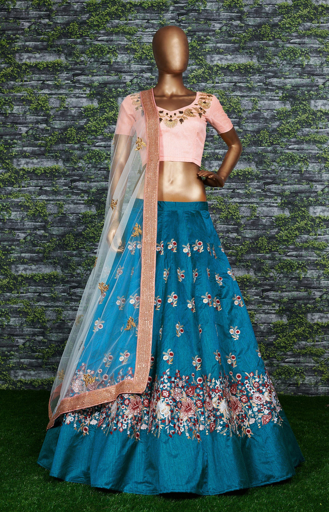 Rama Color Raw Silk With Resham Thread Embroidery Work Lehenga Choli