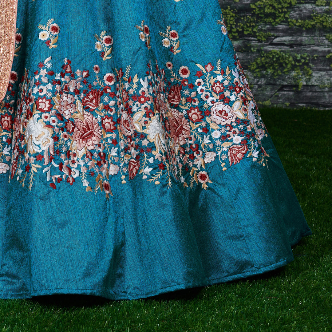 Rama Color Raw Silk With Resham Thread Embroidery Work Lehenga Choli