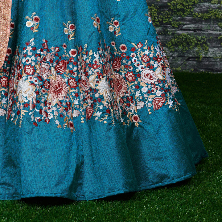 Rama Color Raw Silk With Resham Thread Embroidery Work Lehenga Choli