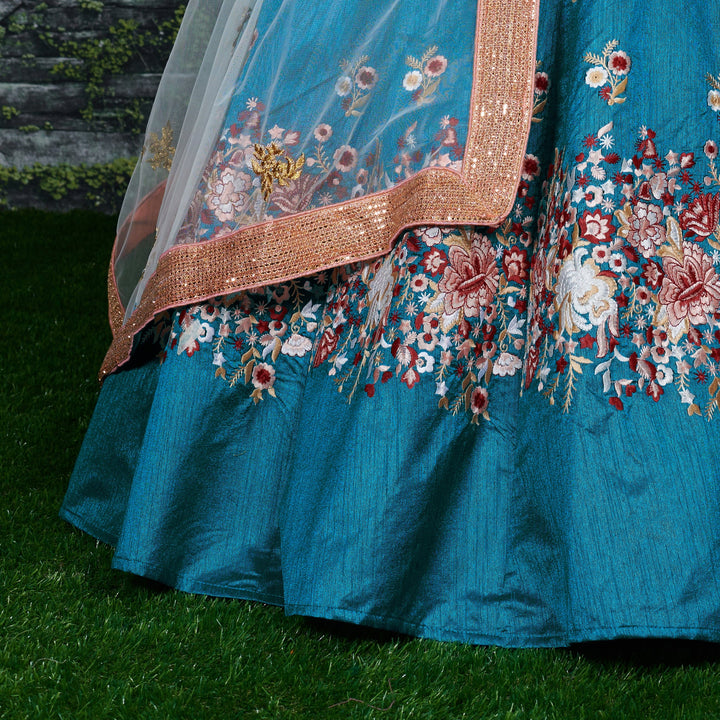 Rama Color Raw Silk With Resham Thread Embroidery Work Lehenga Choli