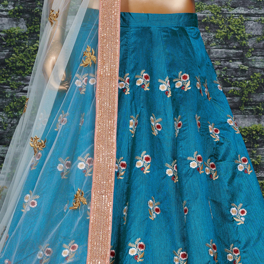 Rama Color Raw Silk With Resham Thread Embroidery Work Lehenga Choli