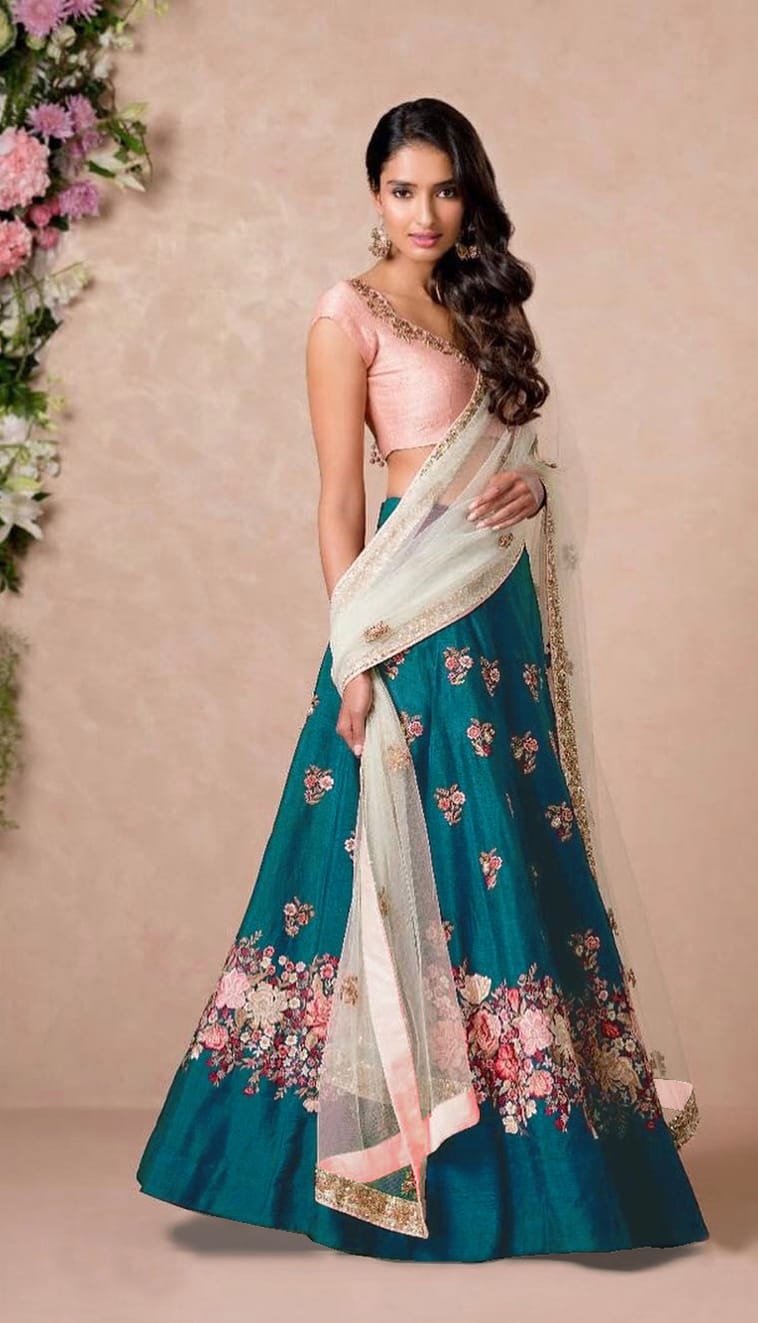 Rama Color Raw Silk With Resham Thread Embroidery Work Lehenga Choli