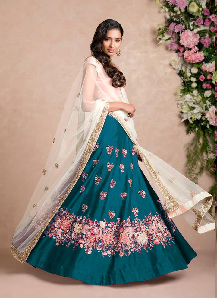 Rama Color Raw Silk With Resham Thread Embroidery Work Lehenga Choli