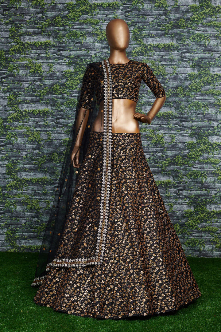Black Color Raw Silk With Sequins and Zari Embroidered Work Lehenga Choli