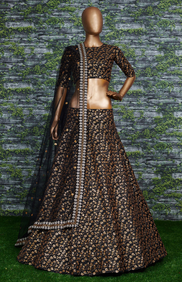 Black Color Raw Silk With Sequins and Zari Embroidered Work Lehenga Choli