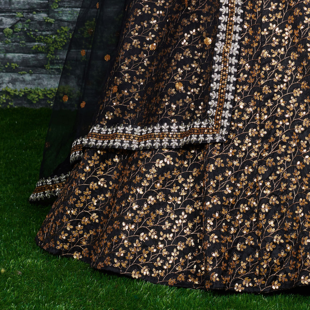 Black Color Raw Silk With Sequins and Zari Embroidered Work Lehenga Choli