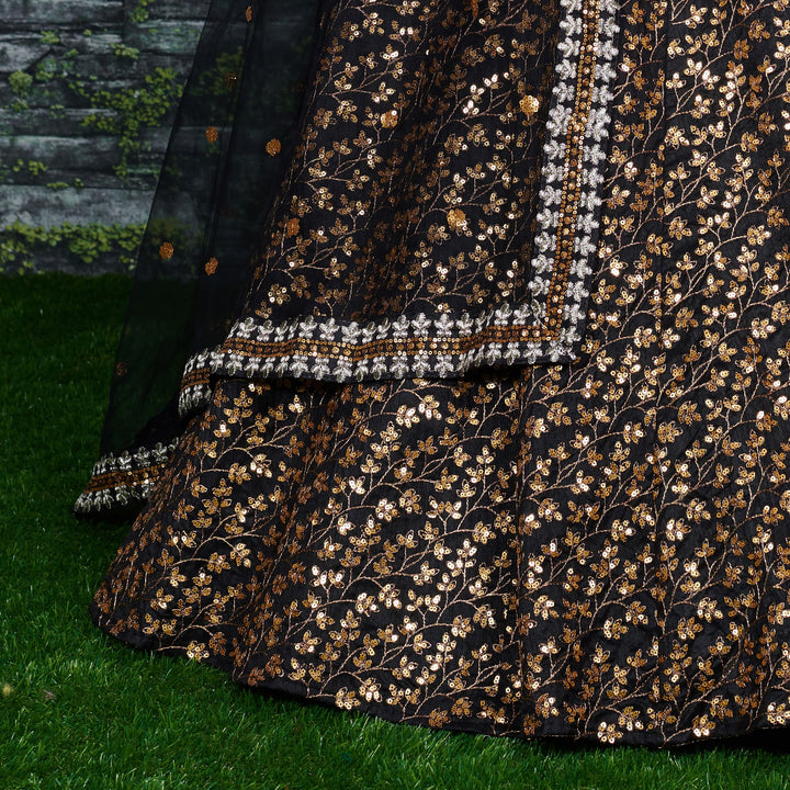 Black Color Raw Silk With Sequins and Zari Embroidered Work Lehenga Choli