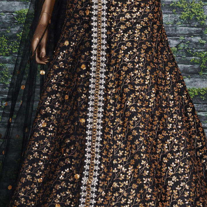 Black Color Raw Silk With Sequins and Zari Embroidered Work Lehenga Choli