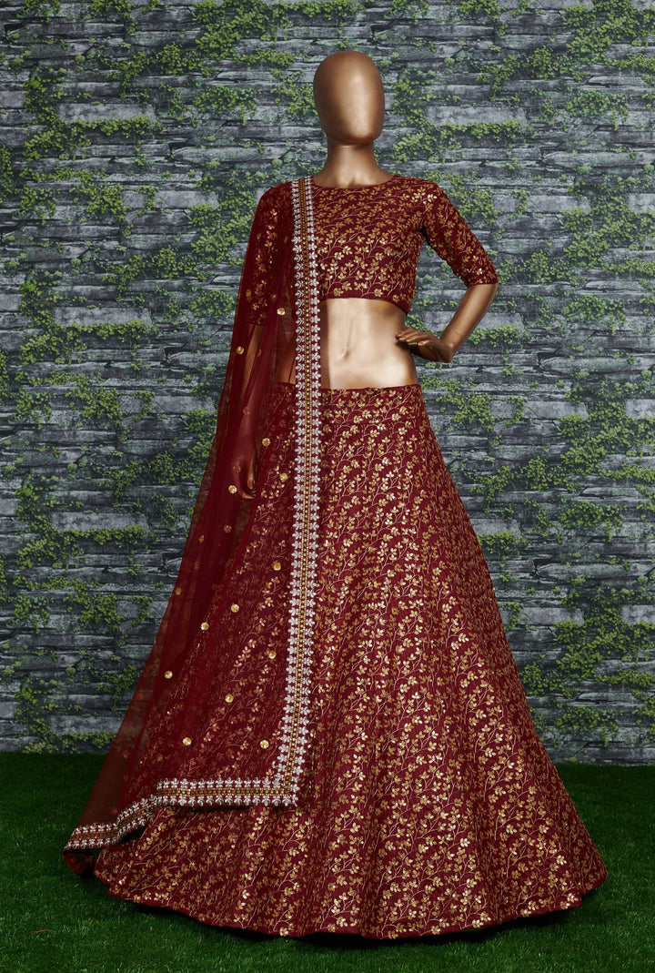 Maroon Color Raw Silk With Sequins and Zari Embroidered Work Lehenga Choli