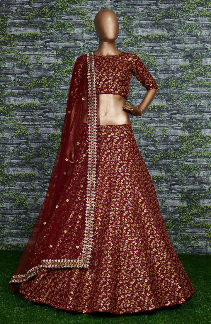 Maroon Color Raw Silk With Sequins and Zari Embroidered Work Lehenga Choli