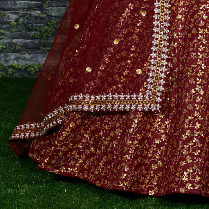 Maroon Color Raw Silk With Sequins and Zari Embroidered Work Lehenga Choli