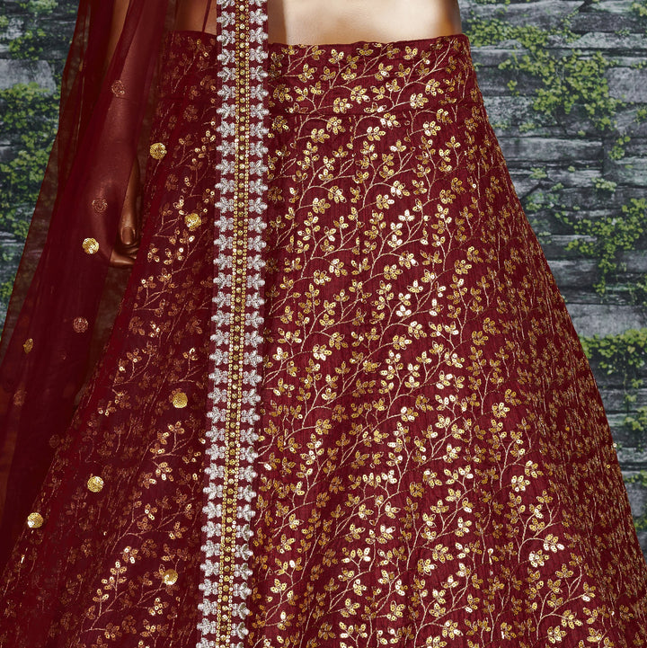 Maroon Color Raw Silk With Sequins and Zari Embroidered Work Lehenga Choli