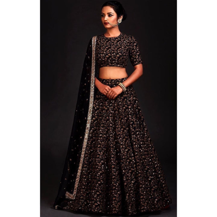 Black Color Raw Silk With Sequins and Zari Embroidered Work Lehenga Choli