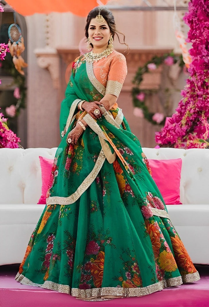 Green Color Khadi Organza Floral Print Dori & Sequins Embroiderey Work Lehenga Choli