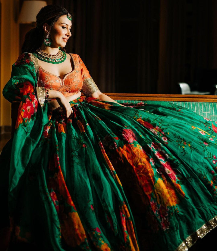 Green Color Khadi Organza Floral Print Dori & Sequins Embroiderey Work Lehenga Choli