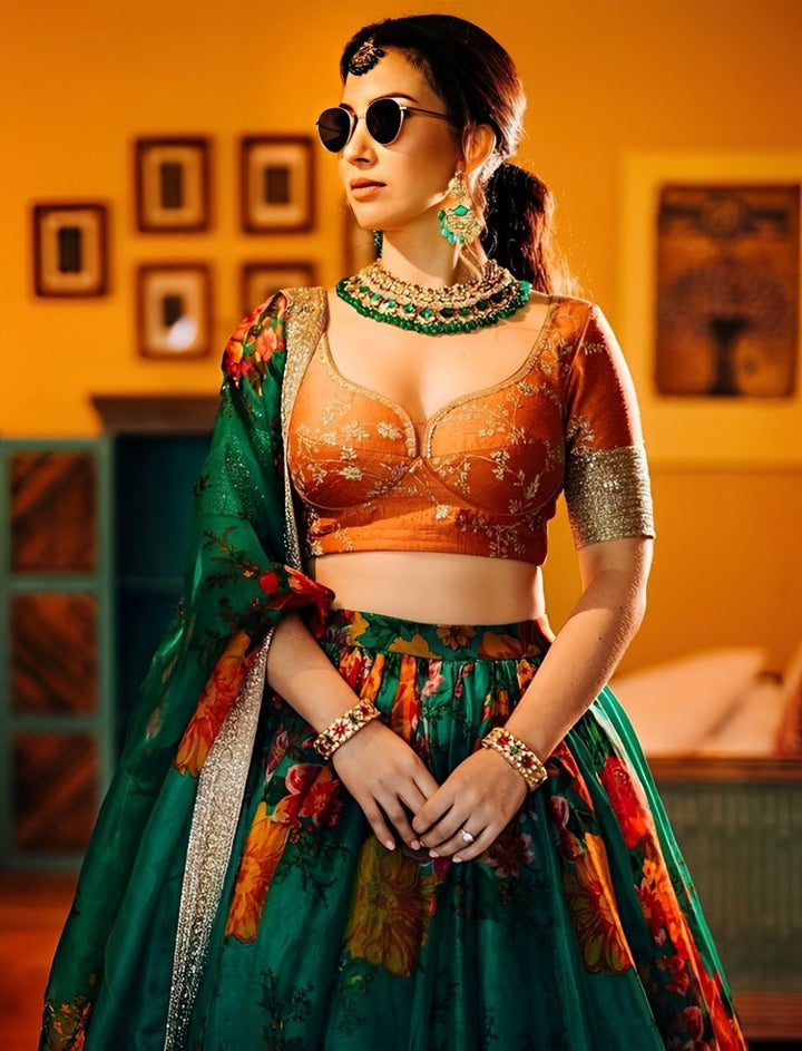 Green Color Khadi Organza Floral Print Dori & Sequins Embroiderey Work Lehenga Choli