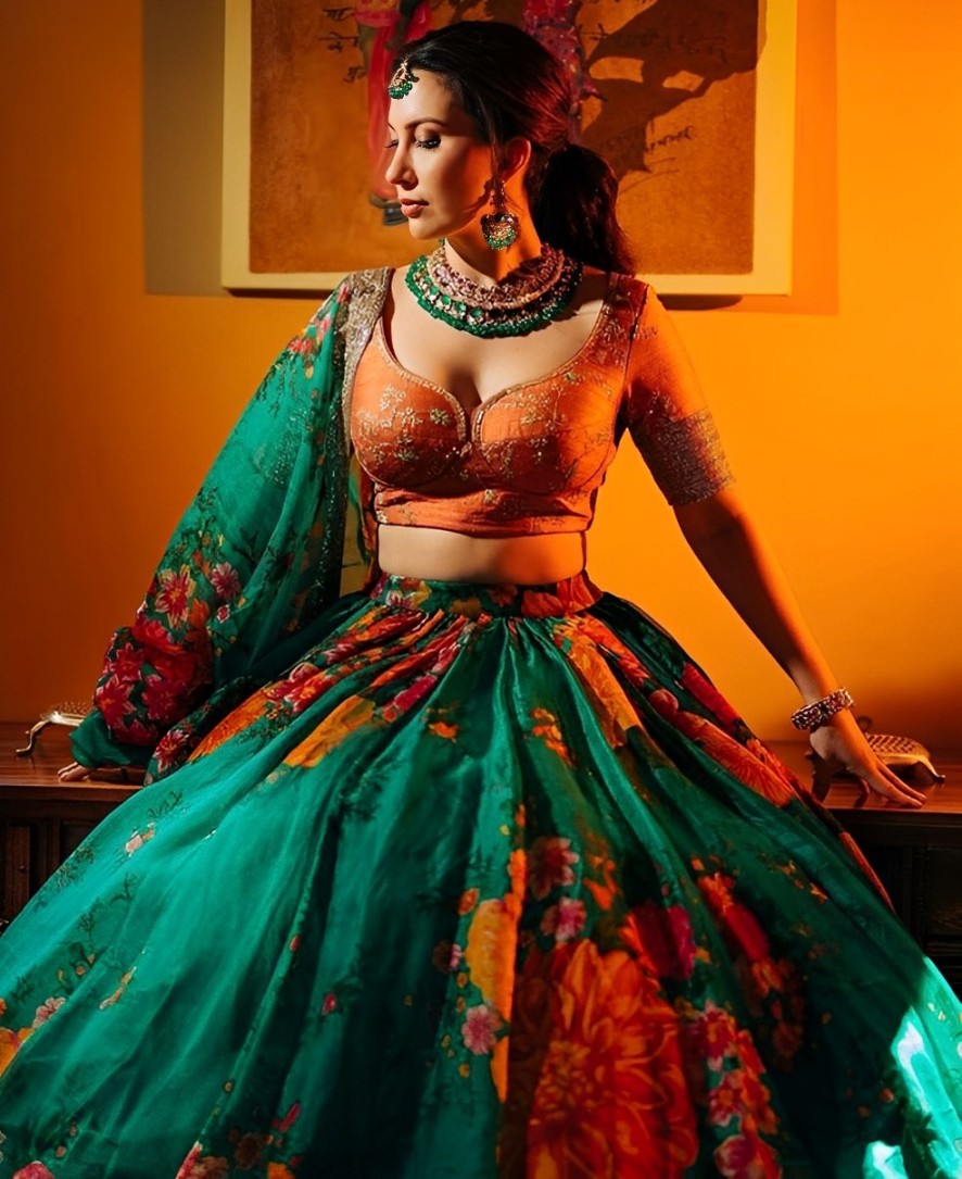 Green Color Khadi Organza Floral Print Dori & Sequins Embroiderey Work Lehenga Choli
