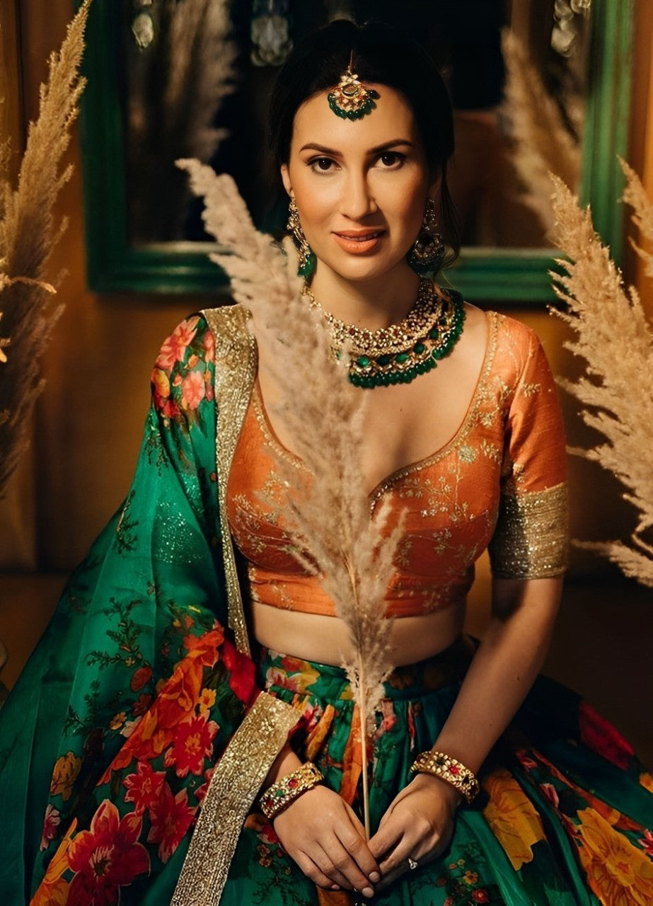 Green Color Khadi Organza Floral Print Dori & Sequins Embroiderey Work Lehenga Choli