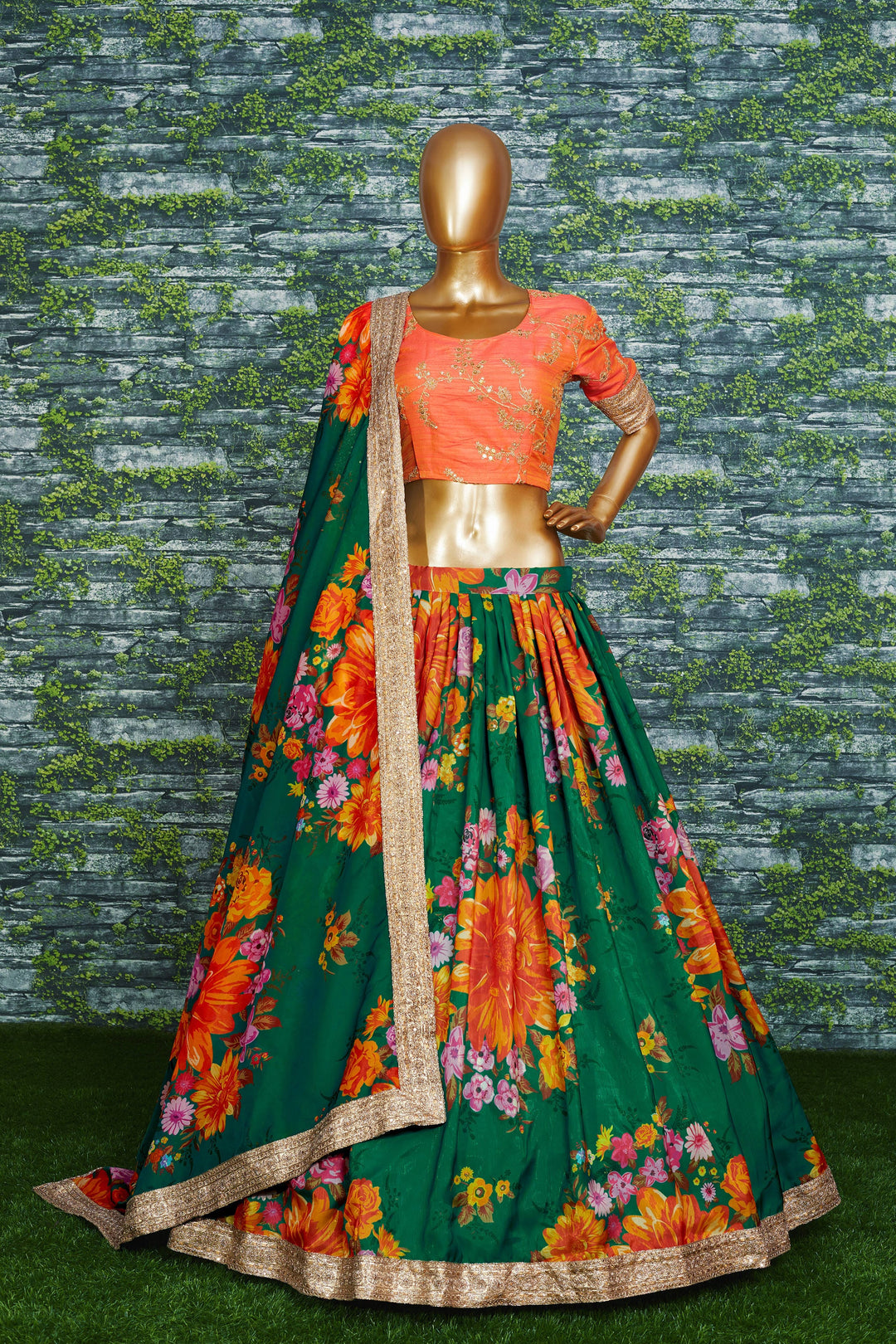 Green Color Khadi Organza Floral Print Dori & Sequins Embroiderey Work Lehenga Choli
