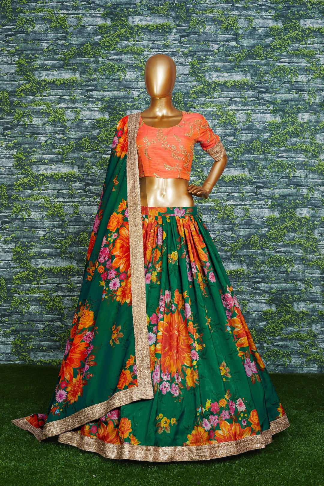 Green Color Khadi Organza Floral Print Dori & Sequins Embroiderey Work Lehenga Choli