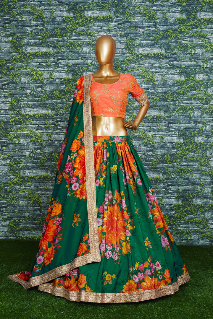 Green Color Khadi Organza Floral Print Dori & Sequins Embroiderey Work Lehenga Choli