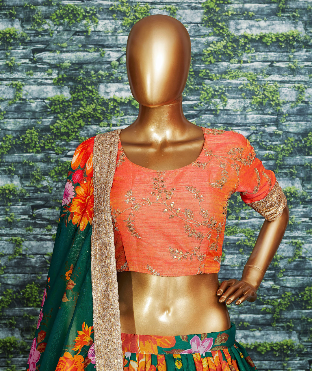 Green Color Khadi Organza Floral Print Dori & Sequins Embroiderey Work Lehenga Choli