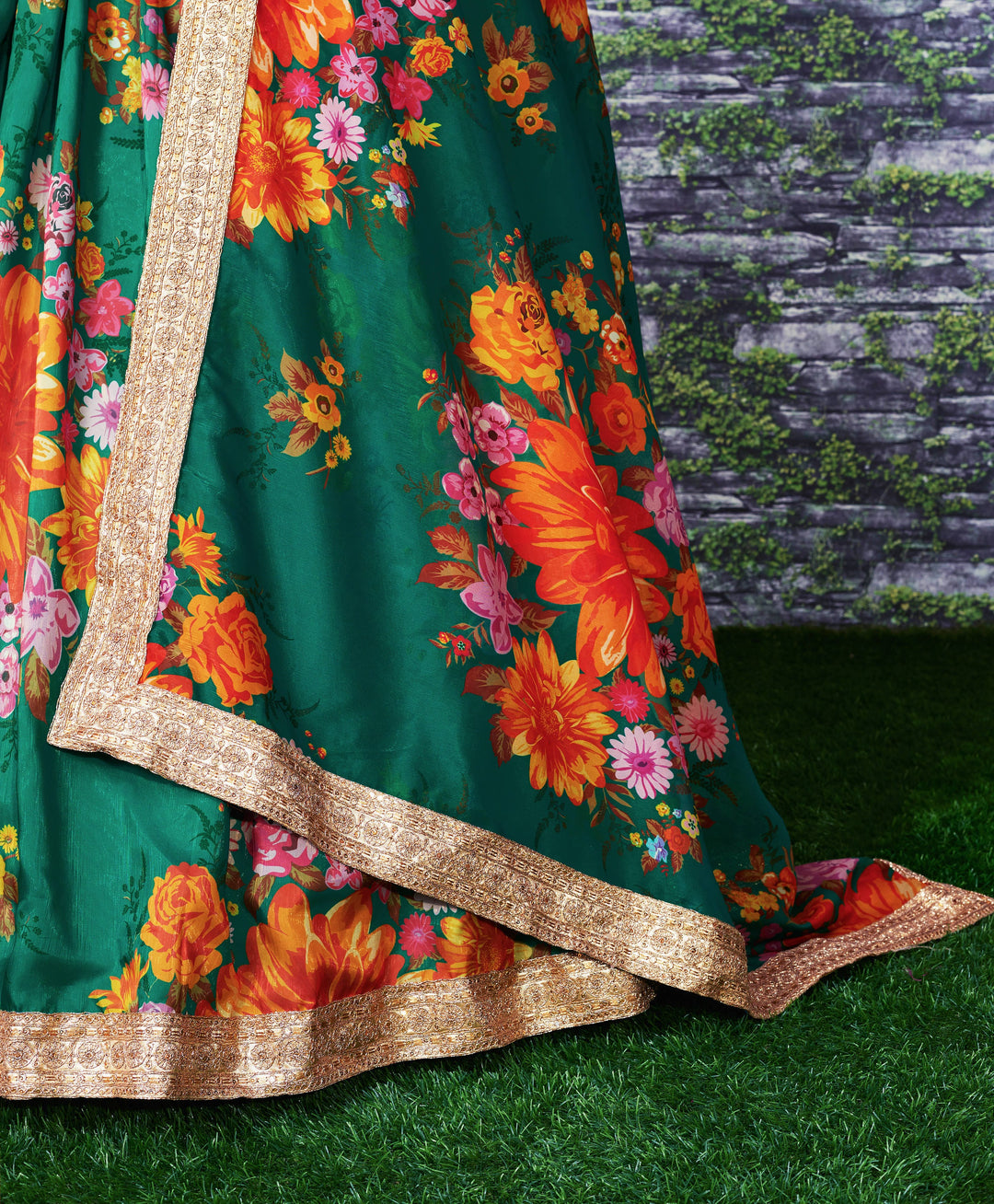 Green Color Khadi Organza Floral Print Dori & Sequins Embroiderey Work Lehenga Choli