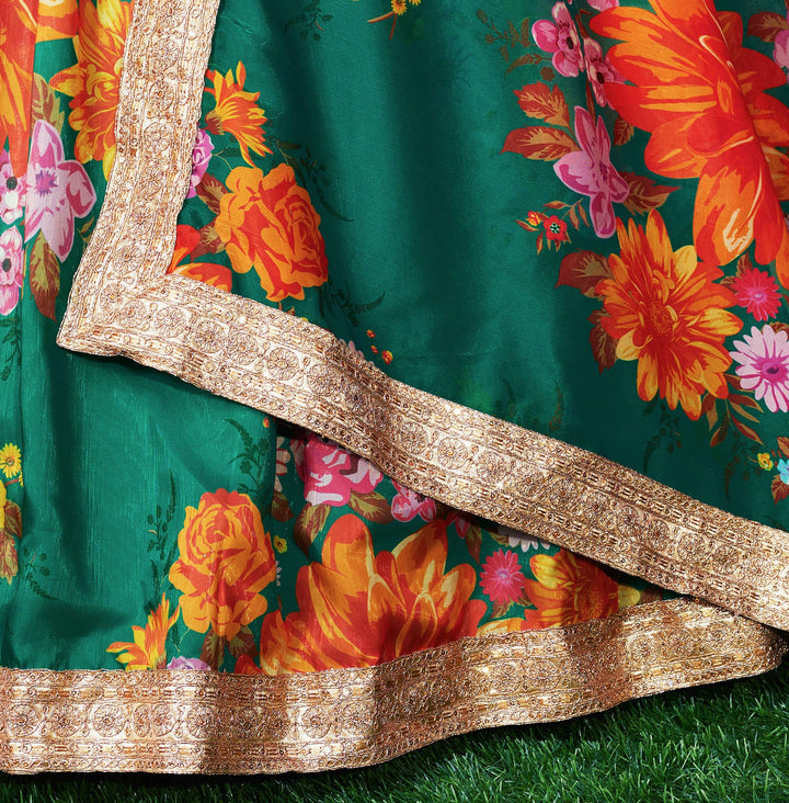 Green Color Khadi Organza Floral Print Dori & Sequins Embroiderey Work Lehenga Choli