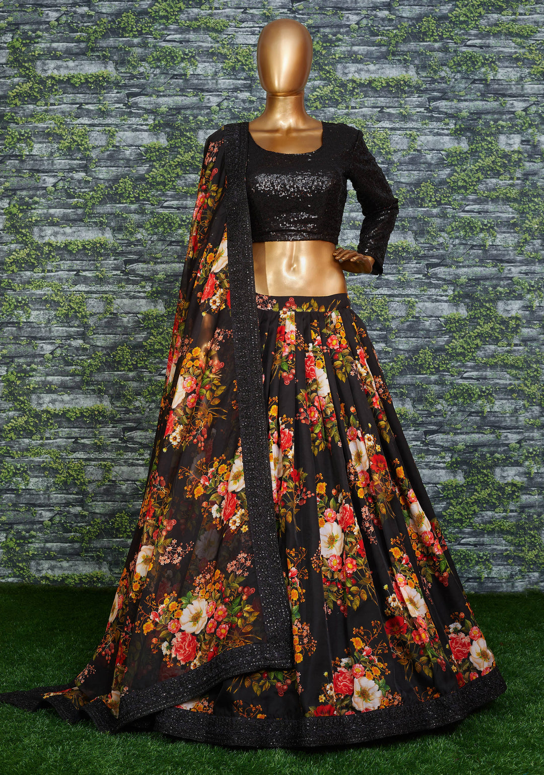 Black Color Organza Floral Print Dori & Sequins Embroiderey Work Lehenga Choli