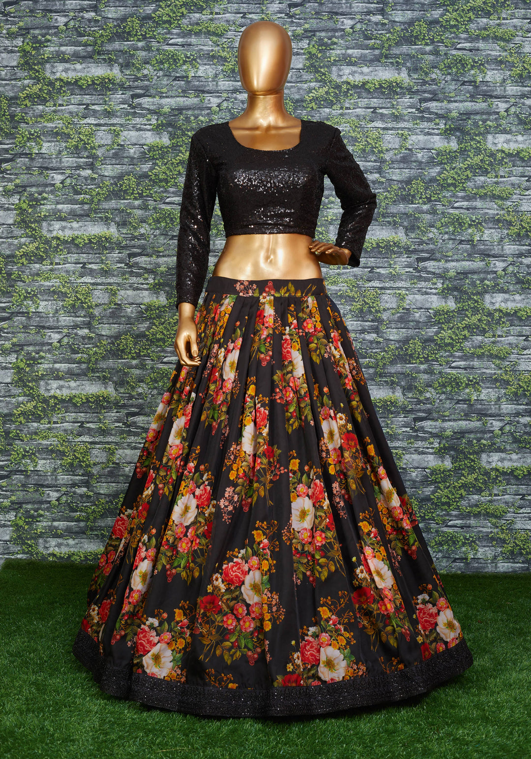 Black Color Organza Floral Print Dori & Sequins Embroiderey Work Lehenga Choli