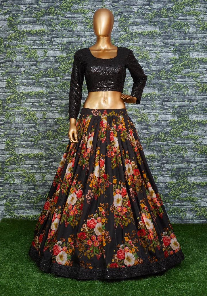 Black Color Organza Floral Print Dori & Sequins Embroiderey Work Lehenga Choli