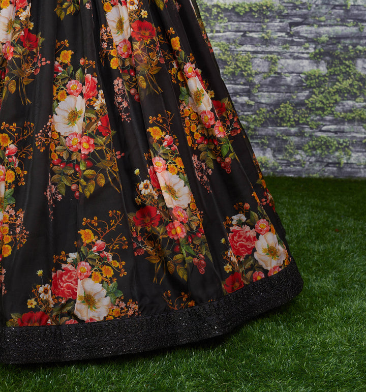 Black Color Organza Floral Print Dori & Sequins Embroiderey Work Lehenga Choli