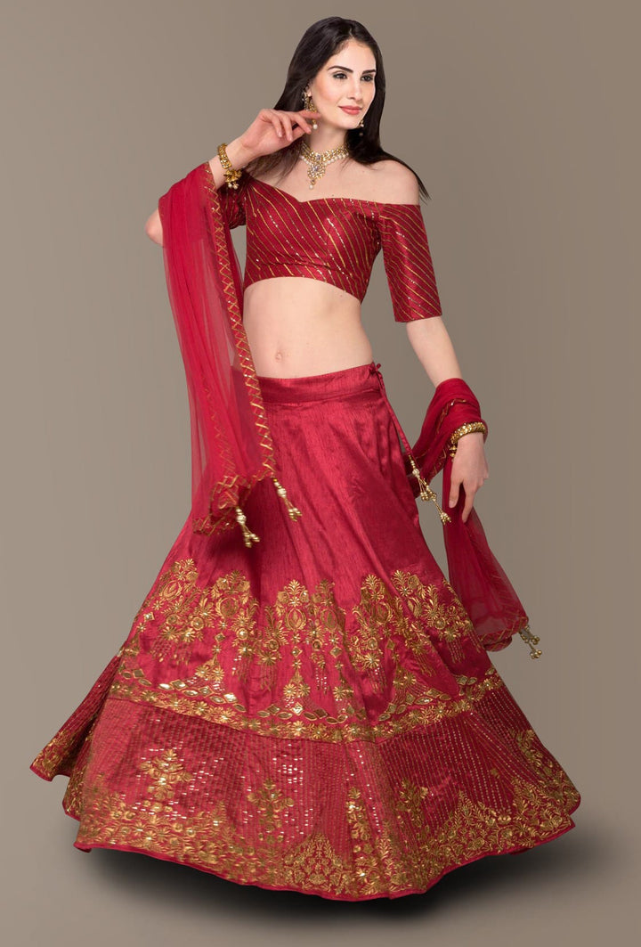 Red Color Banglory Silk Stone with Zari and Sequins Embroiderey Lehenga Choli
