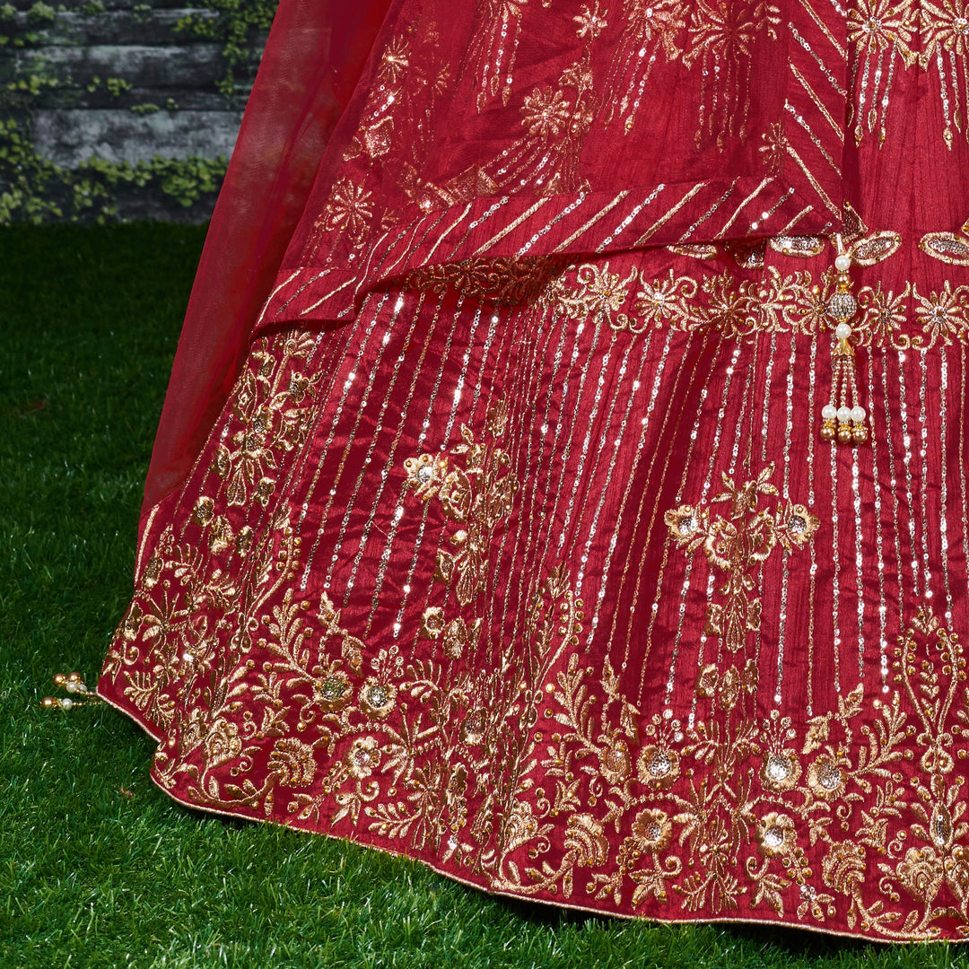 Red Color Banglory Silk Stone with Zari and Sequins Embroiderey Lehenga Choli