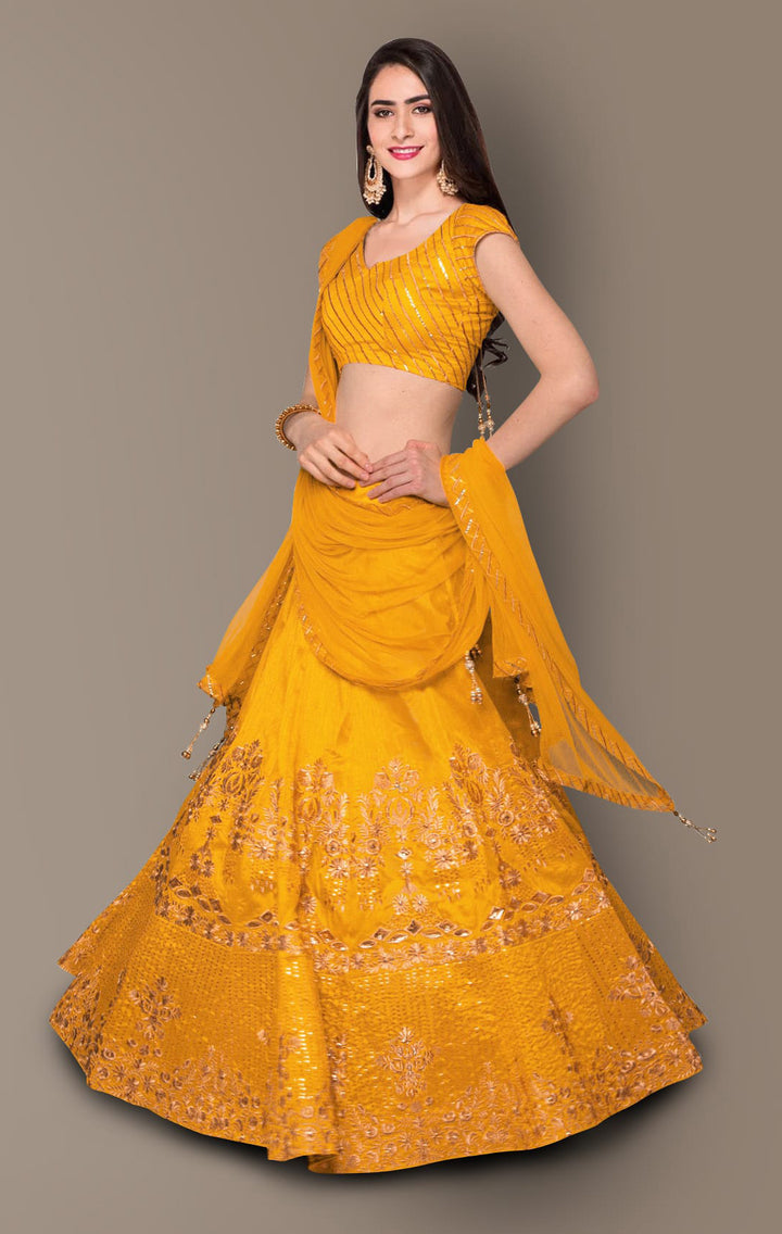 Yellow Color Banglory Silk Stone with Zari and Sequins Embroiderey Lehenga Choli