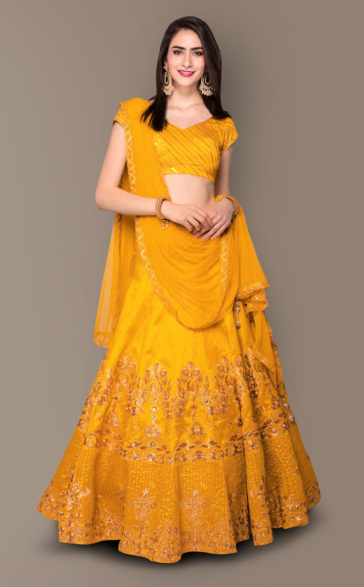 Yellow Color Banglory Silk Stone with Zari and Sequins Embroiderey Lehenga Choli