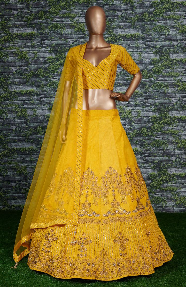 Yellow Color Banglory Silk Stone with Zari and Sequins Embroiderey Lehenga Choli