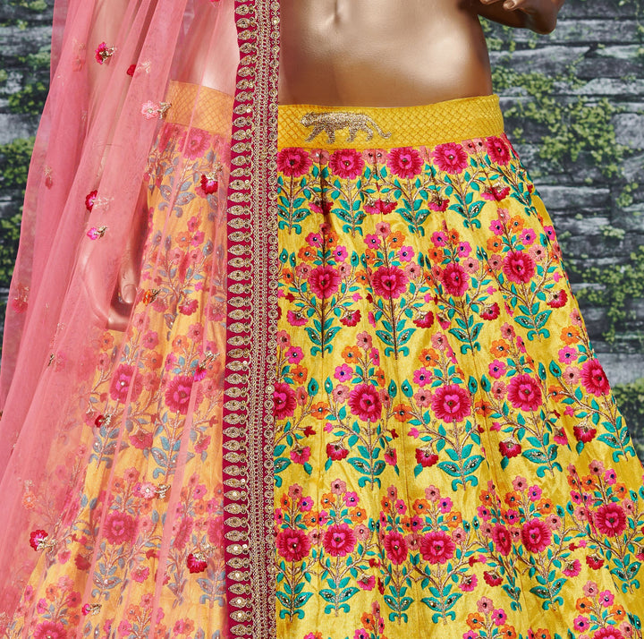 Yellow Color Mulbury Silk Thread, Sequins Embroiderey with stone work Lehenga Choli