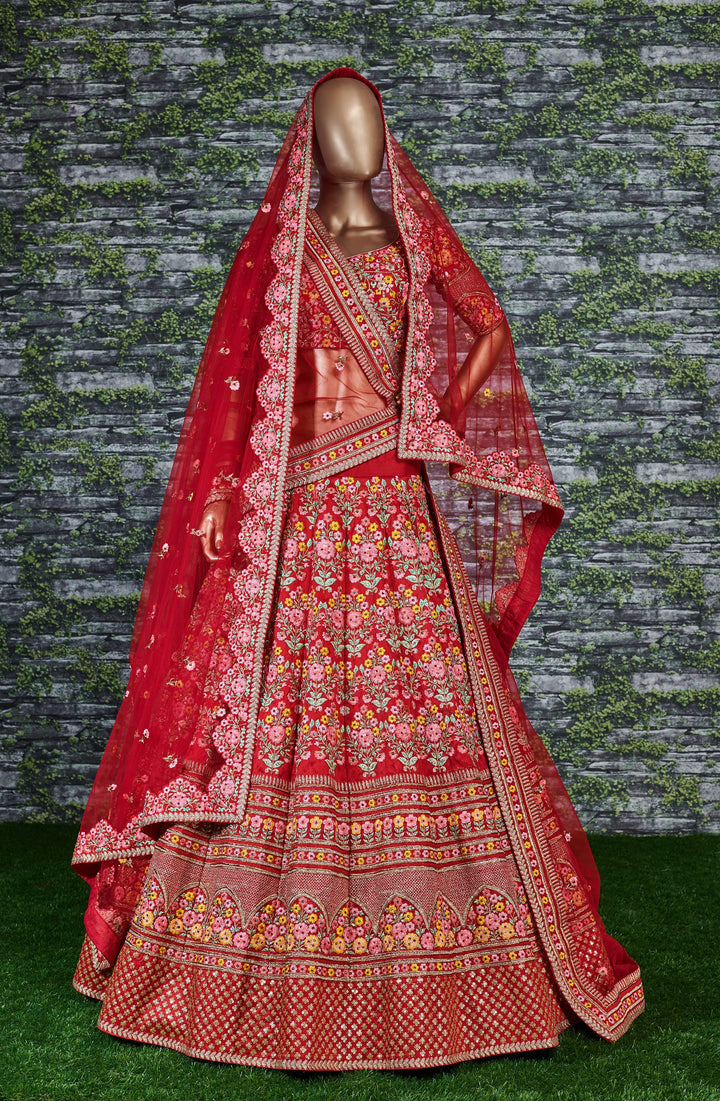 Red Color Mulbury Silk Zari and Thread Embroidery with stonework Lehenga Choli