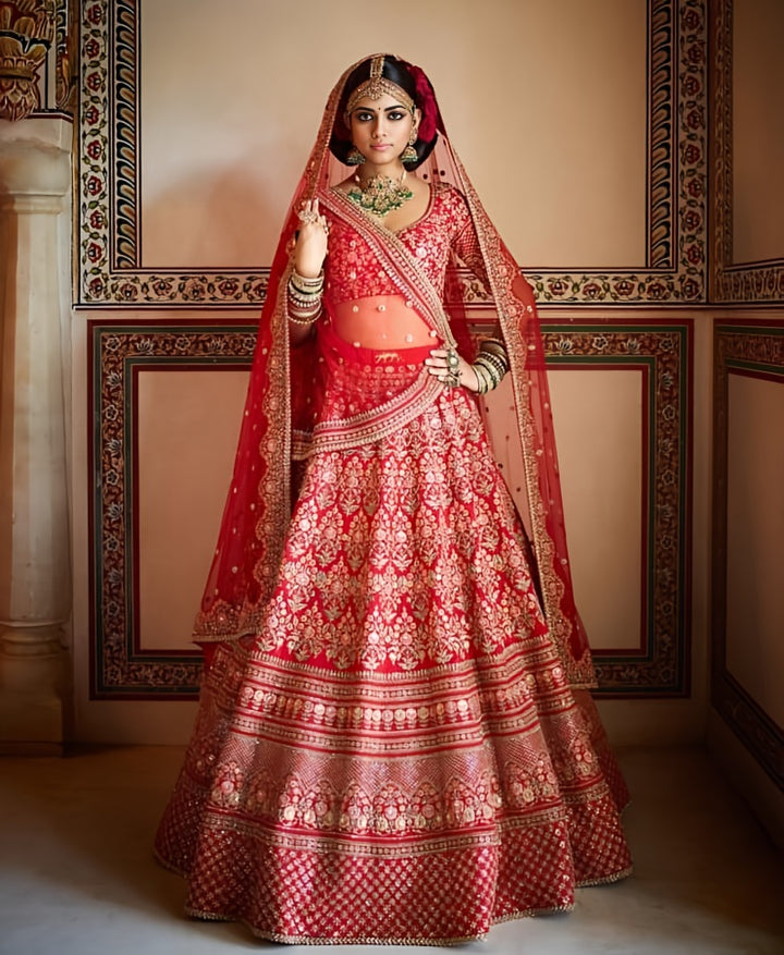 Red Color Mulbury Silk Zari and Thread Embroidery with stonework Lehenga Choli
