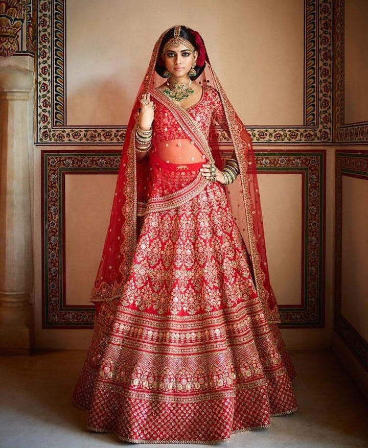 Red Color Mulbury Silk Zari and Thread Embroidery with stonework Lehenga Choli