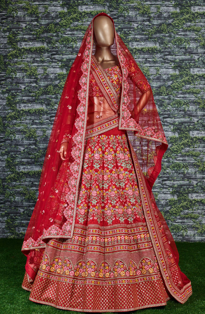 Red Color Mulbury Silk Zari and Thread Embroidery with stonework Lehenga Choli