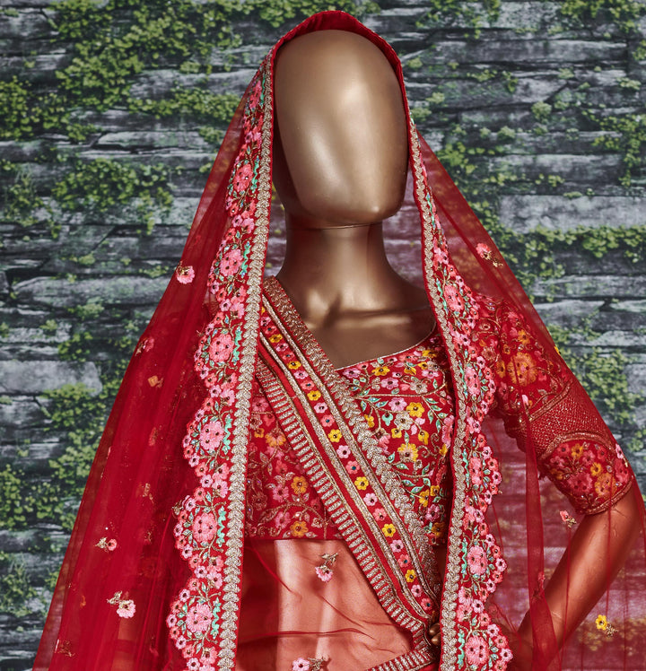 Red Color Mulbury Silk Zari and Thread Embroidery with stonework Lehenga Choli
