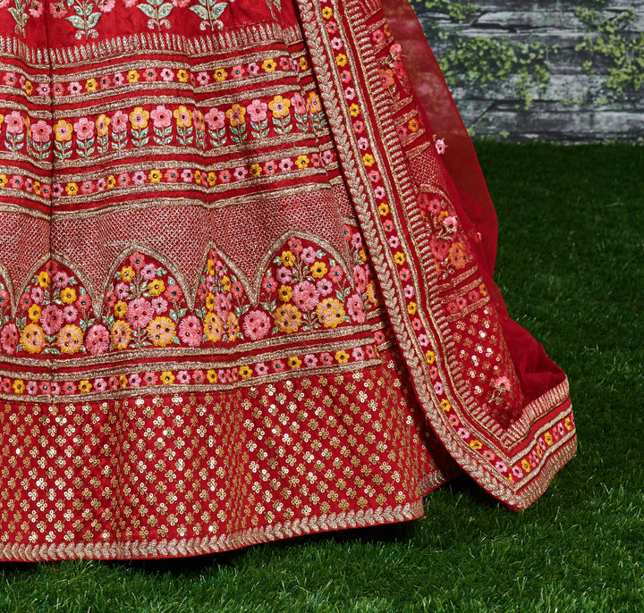 Red Color Mulbury Silk Zari and Thread Embroidery with stonework Lehenga Choli