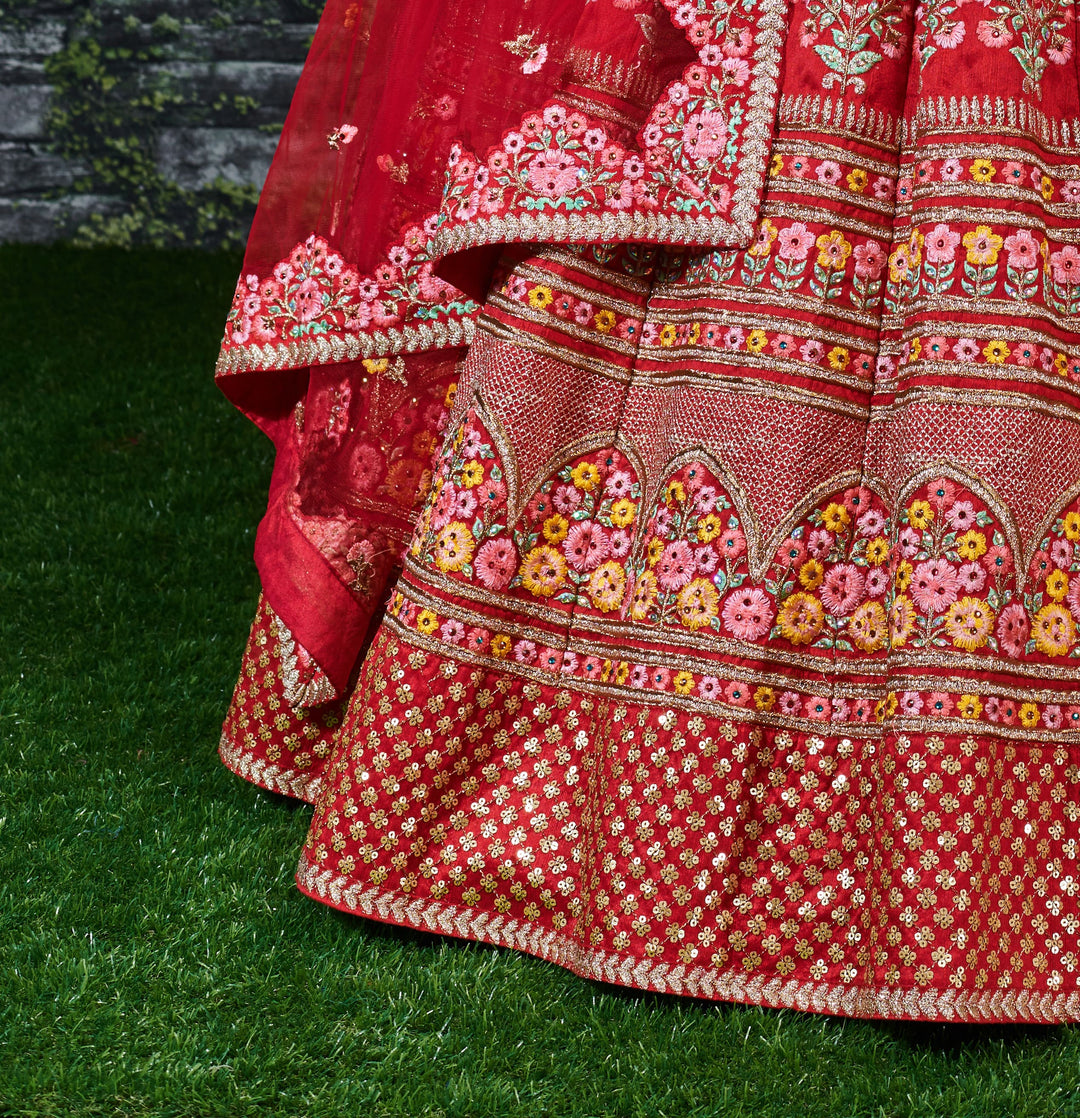 Red Color Mulbury Silk Zari and Thread Embroidery with stonework Lehenga Choli