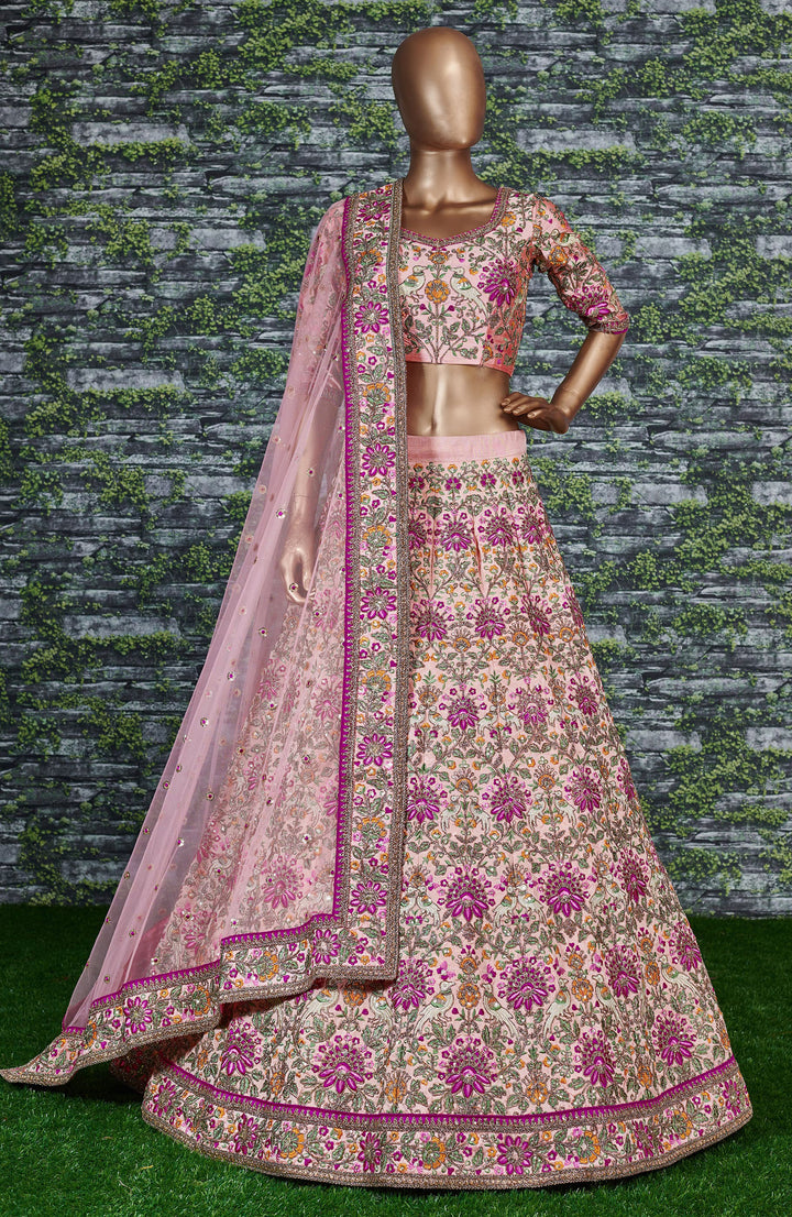 Peach Color Taffeta Silk Dori, Zari and Thread Embroidery work Lehenga Choli