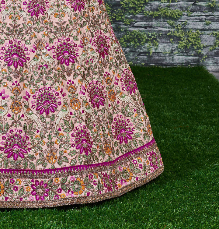 Peach Color Taffeta Silk Dori, Zari and Thread Embroidery work Lehenga Choli
